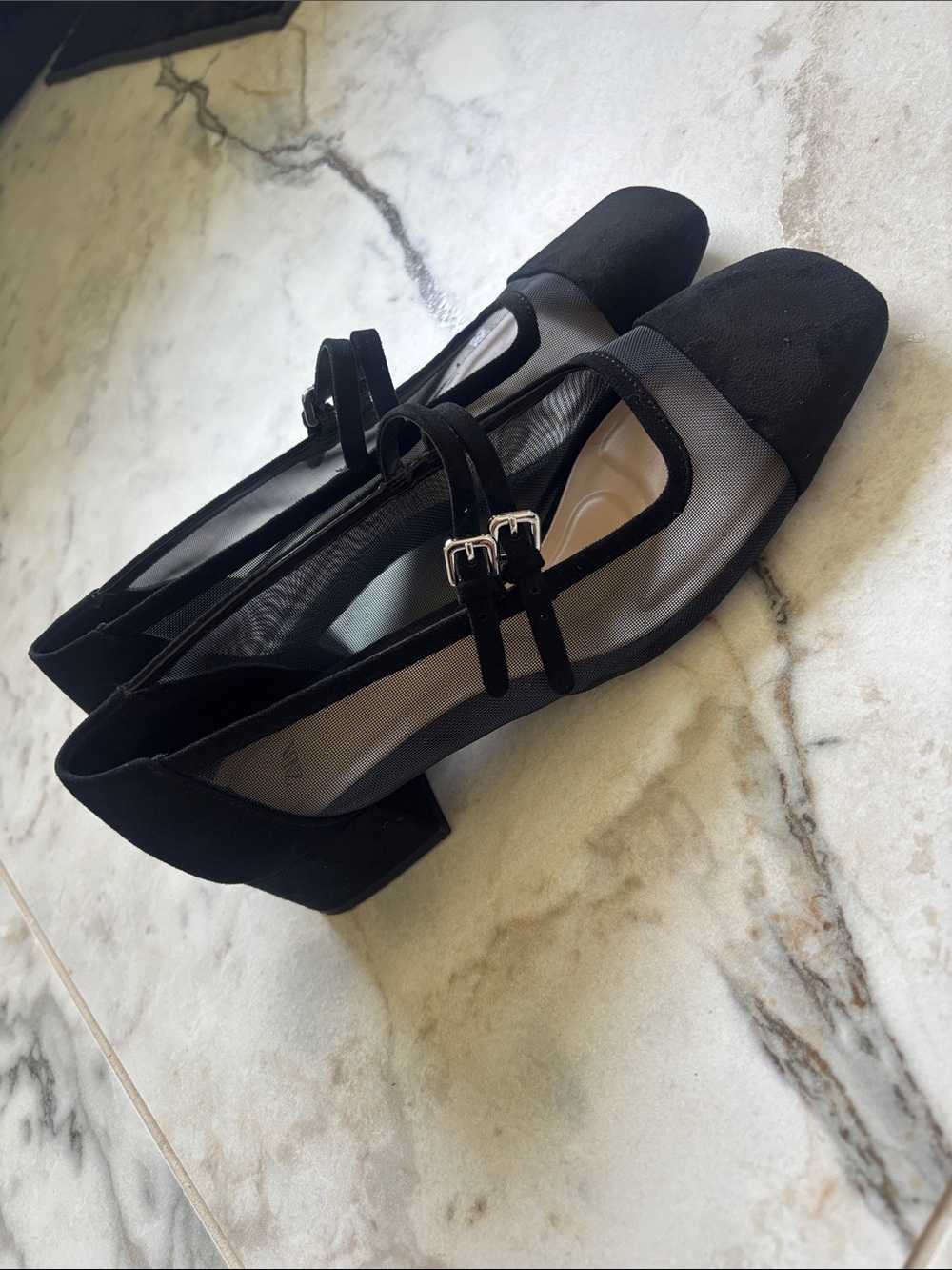 Zara Black Mesh Mary Jane Block Heel Pumps